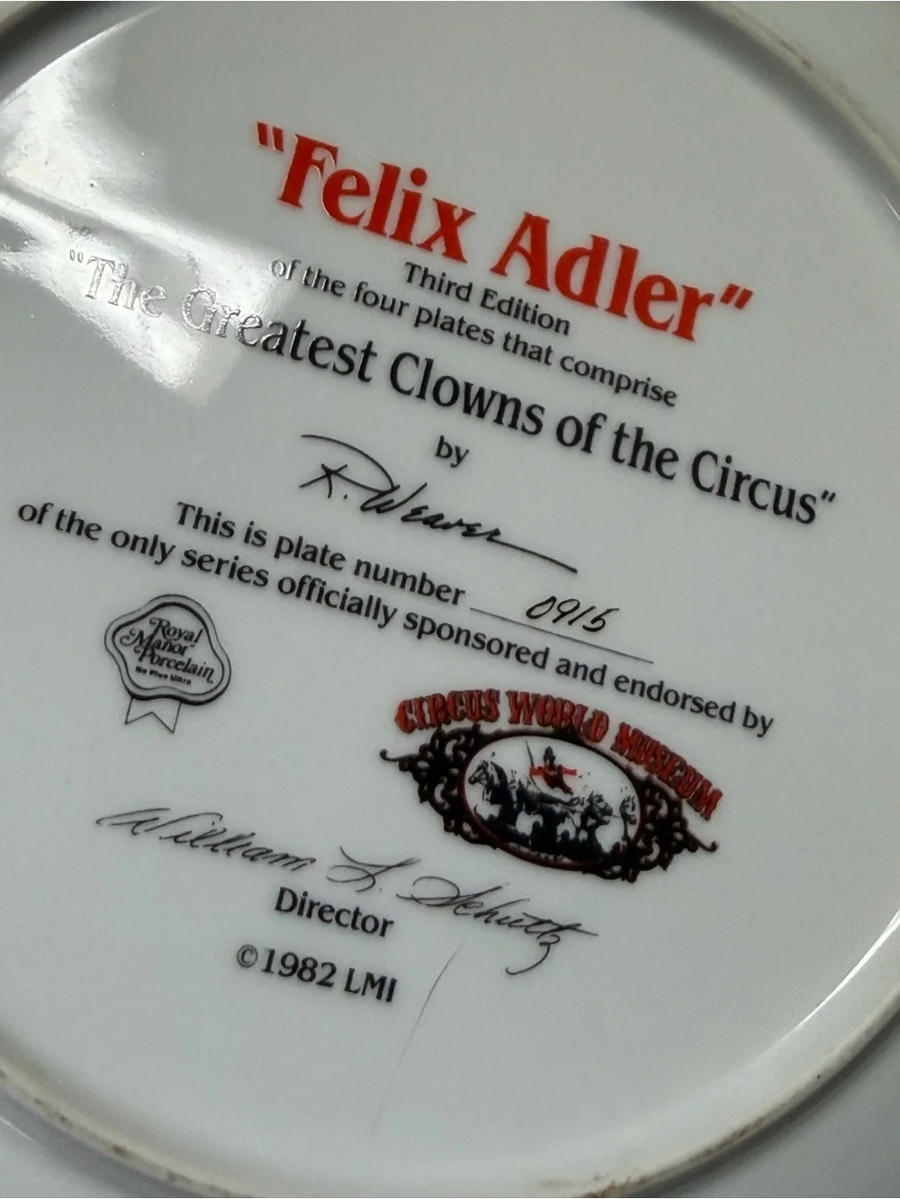 Felix Adler 1982 collectible - The Greatest Clowns of the Circus - perfect